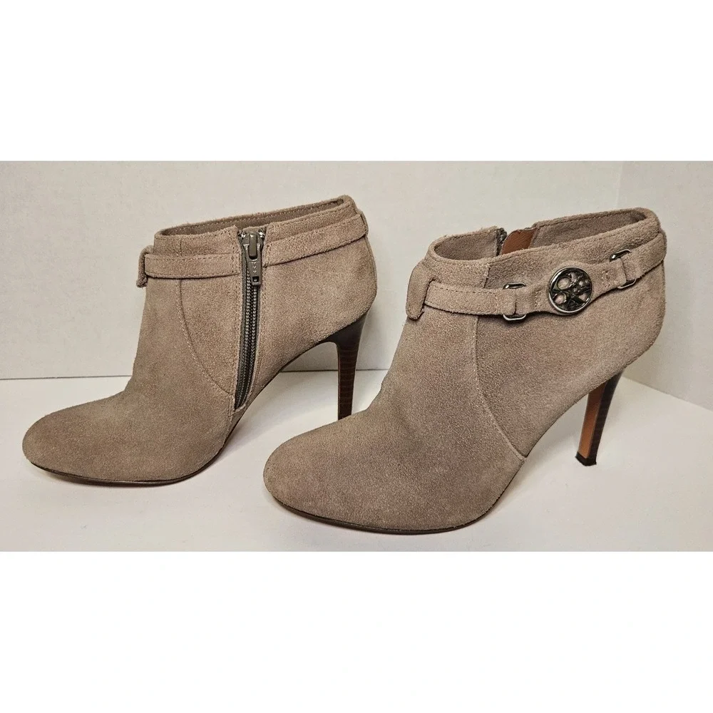 Coach Salene Taupe Suede Ankle Booties Stiletto Heel Logo Medallion 5B Chic